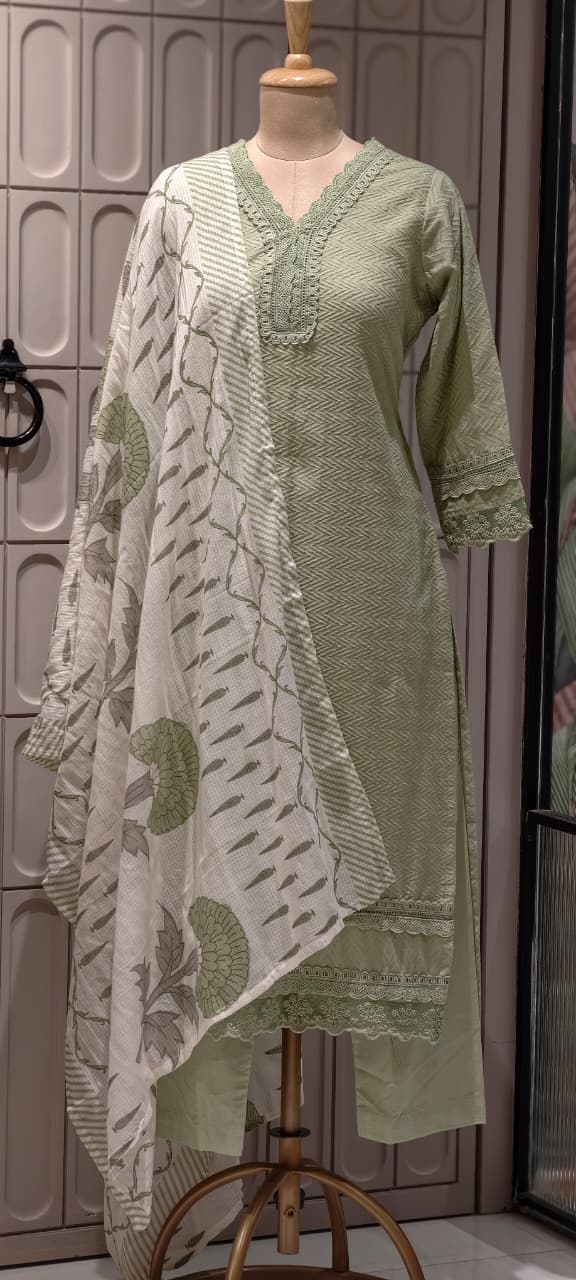 Elegant Straight Graceful Cotton Full Suit Set with Printed Dupatta & Lace Detailing- 14833 RB490