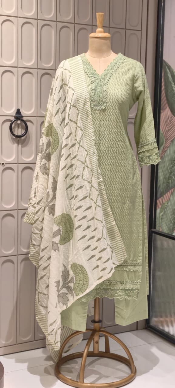 Elegant Straight Graceful Cotton Full Suit Set with Printed Dupatta & Lace Detailing- 14833 RB490