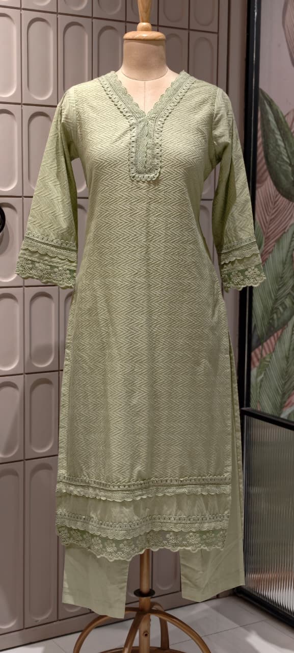 Elegant Straight Graceful Cotton Full Suit Set with Printed Dupatta & Lace Detailing- 14833 RB490