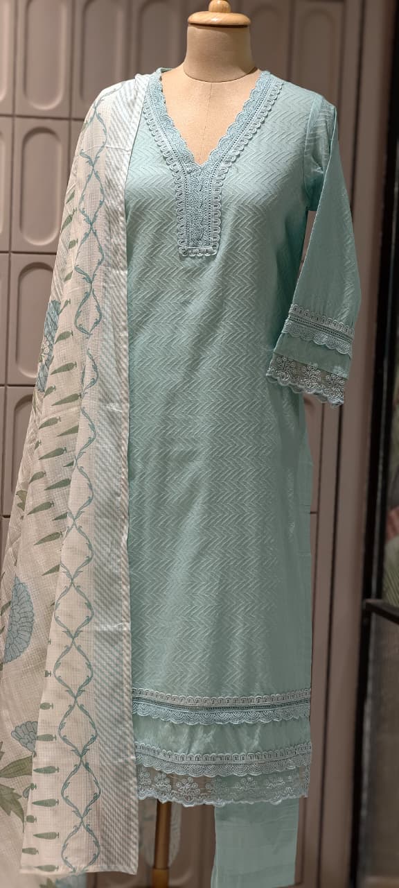 Elegant Straight Graceful Cotton Full Suit Set with Printed Dupatta & Lace Detailing- 14833 RB490