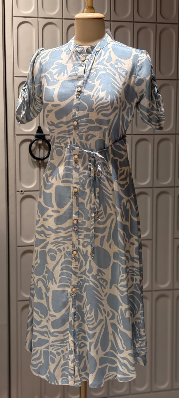 Powder Blue and Ivory Abstract Print Midi Shirt Dress with Embellished Buttons- 14687 RB487