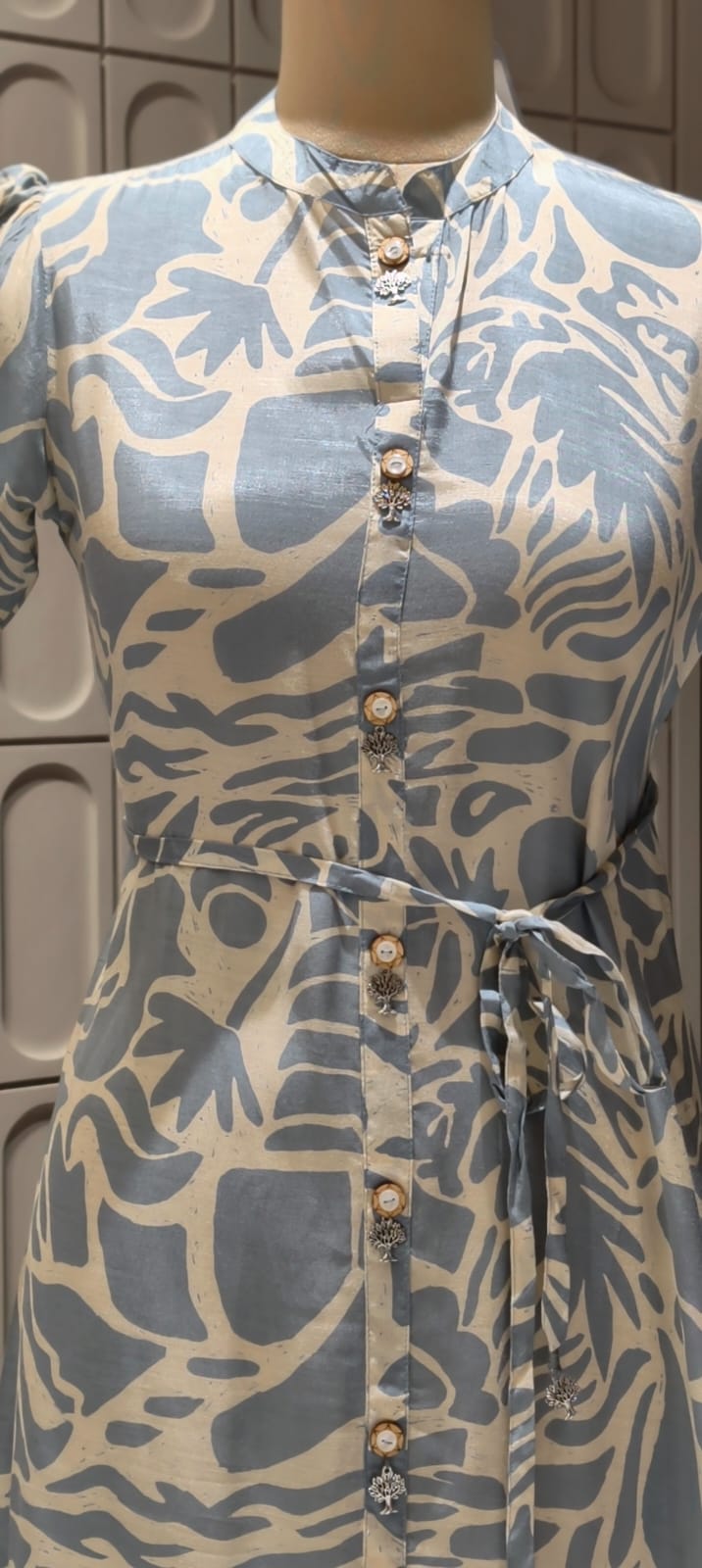 Powder Blue and Ivory Abstract Print Midi Shirt Dress with Embellished Buttons- 14687 RB487