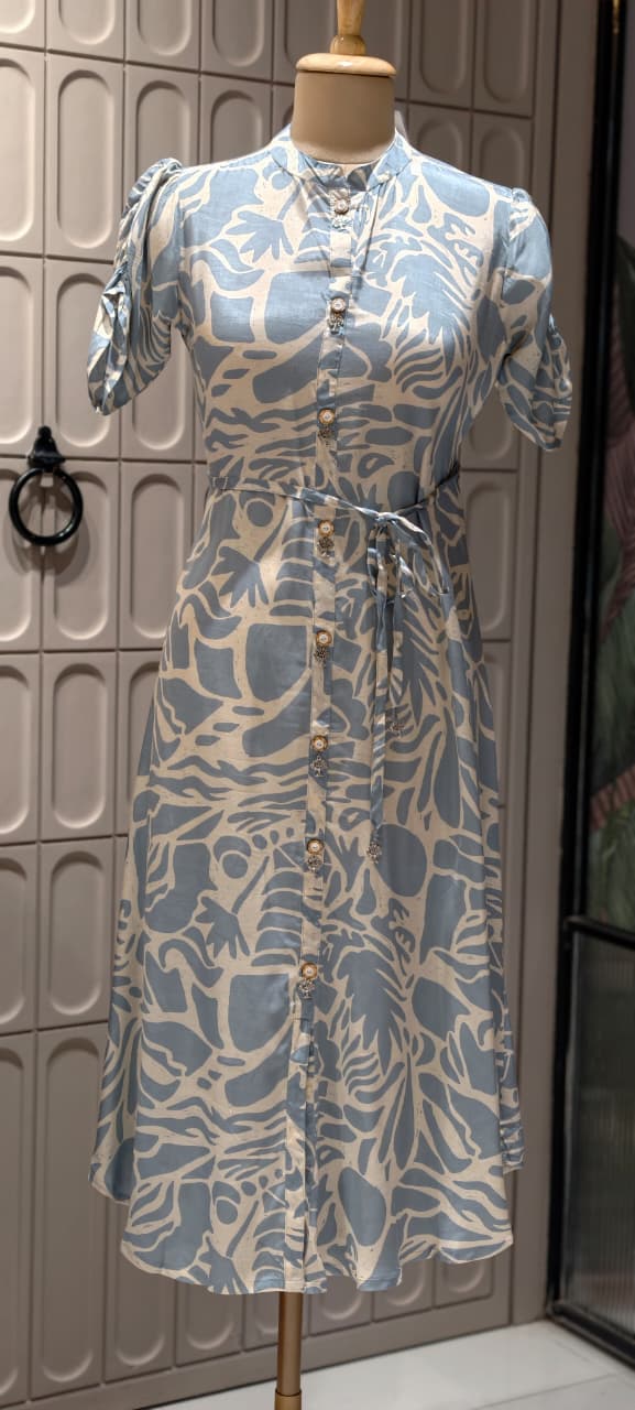 Powder Blue and Ivory Abstract Print Midi Shirt Dress with Embellished Buttons- 14687 RB487