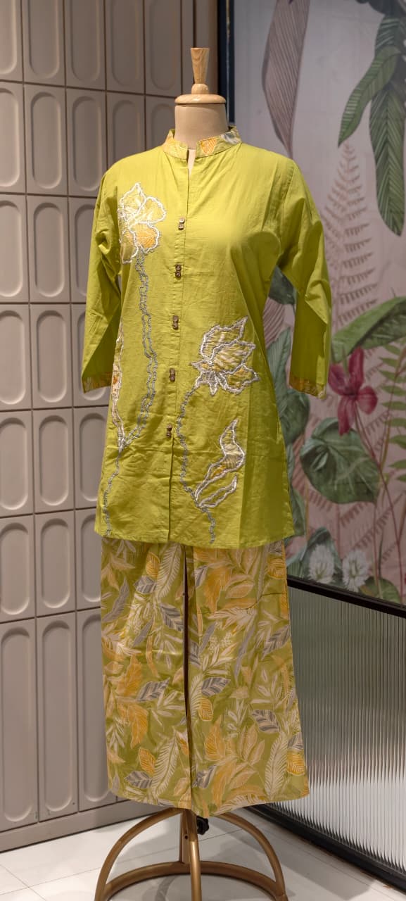 Neon Cotton Co-Ord Set with Floral Patchwork Tunic and Printed Palazzo Pants- 14662 RB481
