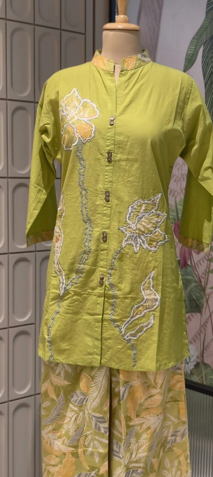 Neon Cotton Co-Ord Set with Floral Patchwork Tunic and Printed Palazzo Pants- 14662 RB481