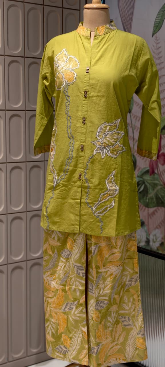 Neon Cotton Co-Ord Set with Floral Patchwork Tunic and Printed Palazzo Pants- 14662 RB481