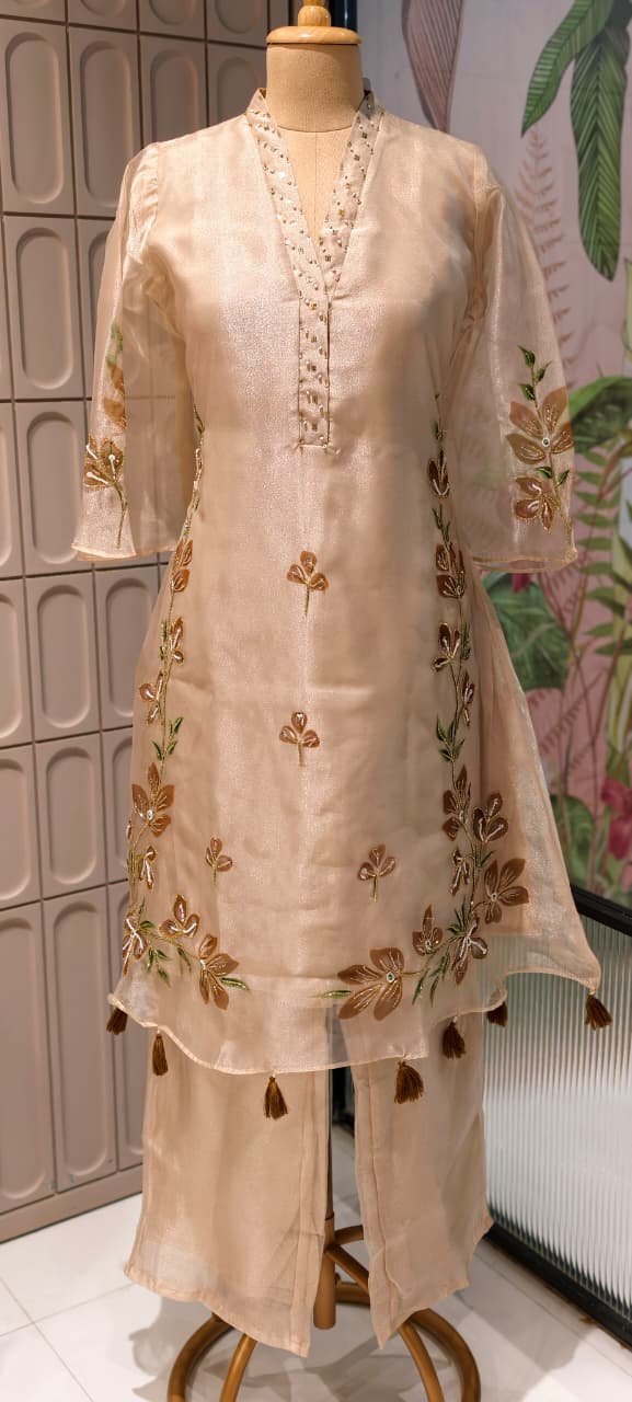 Elegant Ivory Tissue Kurta with & Loose Bottom In Floral Appliqué Patchwork & Beadwork- 14843 RB485