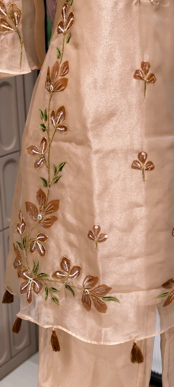 Elegant Ivory Tissue Kurta with & Loose Bottom In Floral Appliqué Patchwork & Beadwork- 14843 RB485