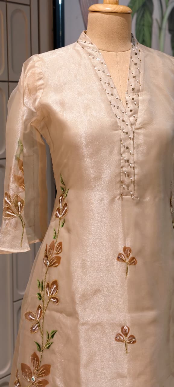 Elegant Ivory Tissue Kurta with & Loose Bottom In Floral Appliqué Patchwork & Beadwork- 14843 RB485
