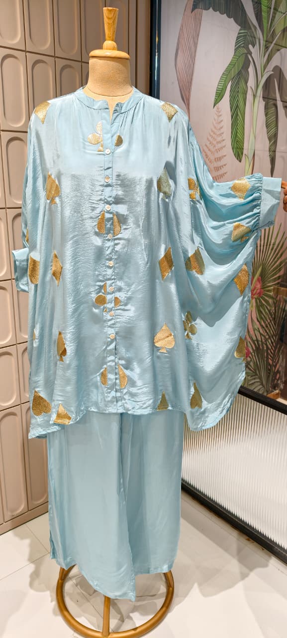 Powder Blue Golden Embossed Highlights Flowy Crepe Pathani Style Over Sized Co-Ord Set- 14849 RB484