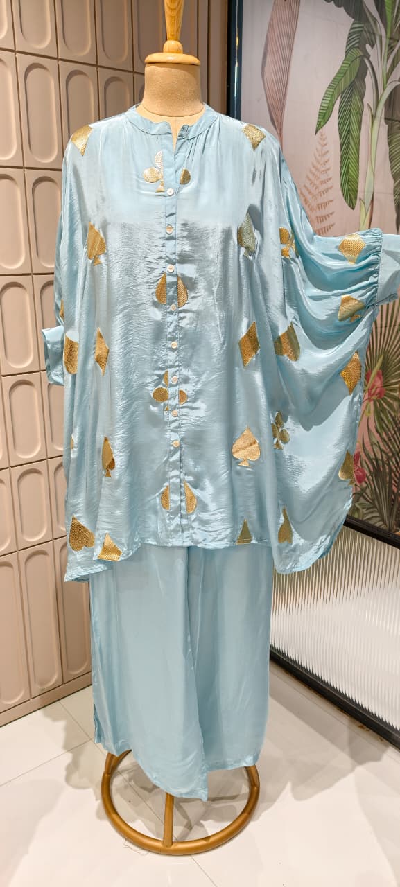 Powder Blue Golden Embossed Highlights Flowy Crepe Pathani Style Over Sized Co-Ord Set- 14849 RB484