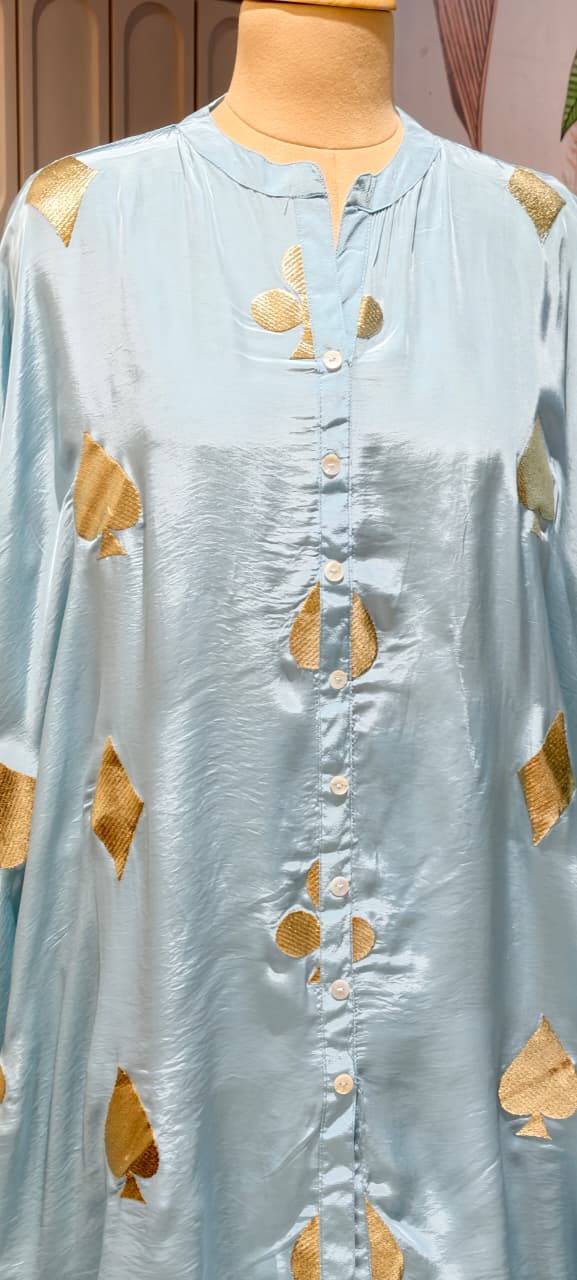 Powder Blue Golden Embossed Highlights Flowy Crepe Pathani Style Over Sized Co-Ord Set- 14849 RB484