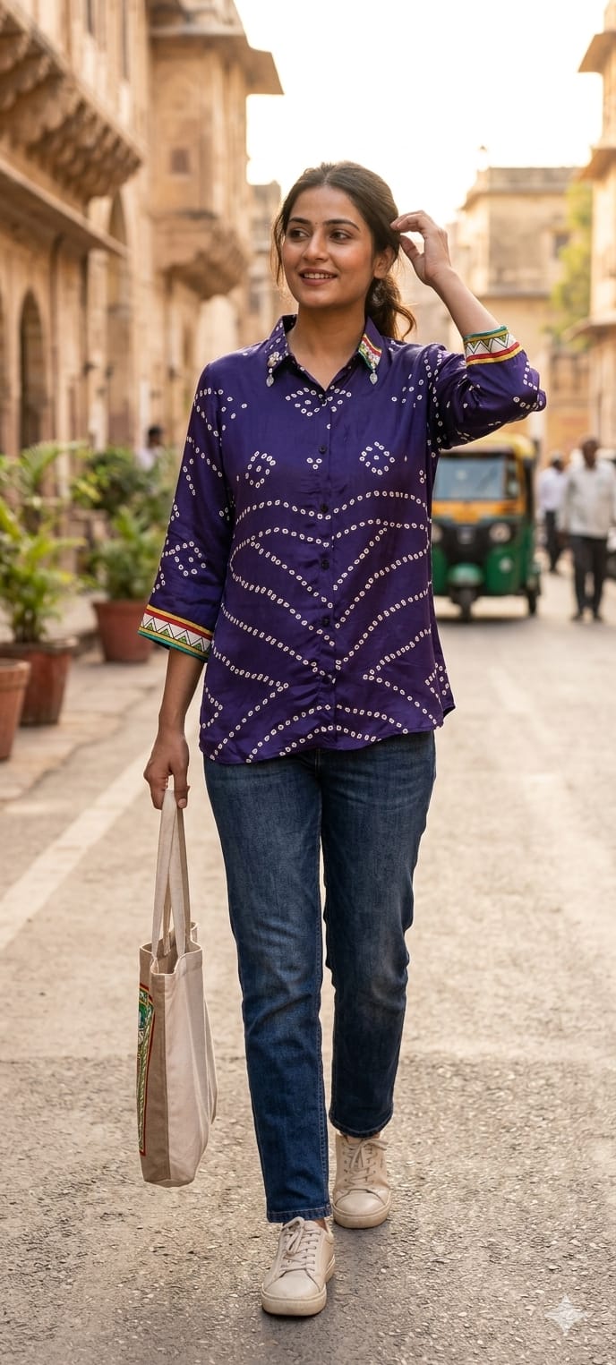 Classic Bandhani Dot Grid with Pichwai Cow & Mayurakshi Crepe Shirt- 14858 RB492
