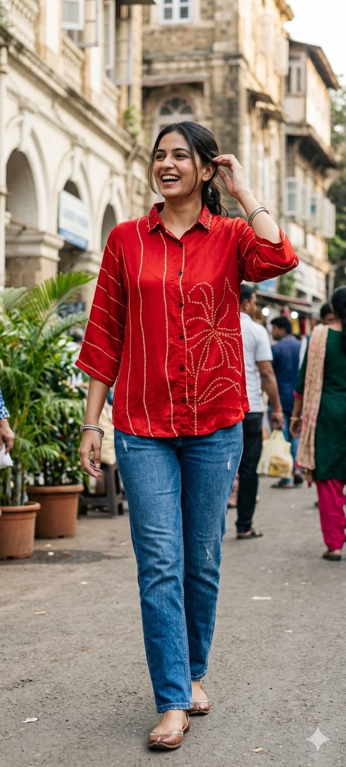 Classic Bandhani Dot Grid with Pichwai Cow & Mayurakshi Crepe Shirt- 14858 RB492
