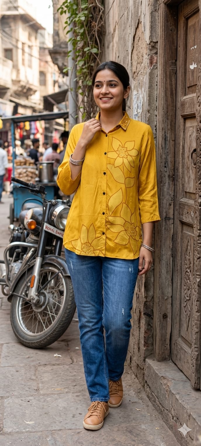 Fine Line-Art Floral Front with Pichwai-Style Backside Tree Print Crepe Shirt- 14858 RB493