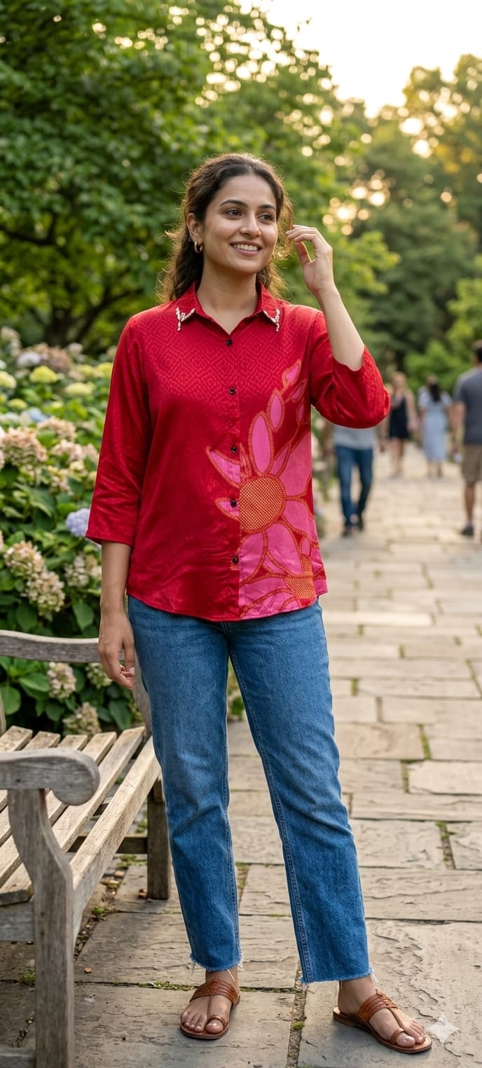Fine Line-Art Floral Front with Pichwai-Style Backside Tree Print Crepe Shirt- 14858 RB493