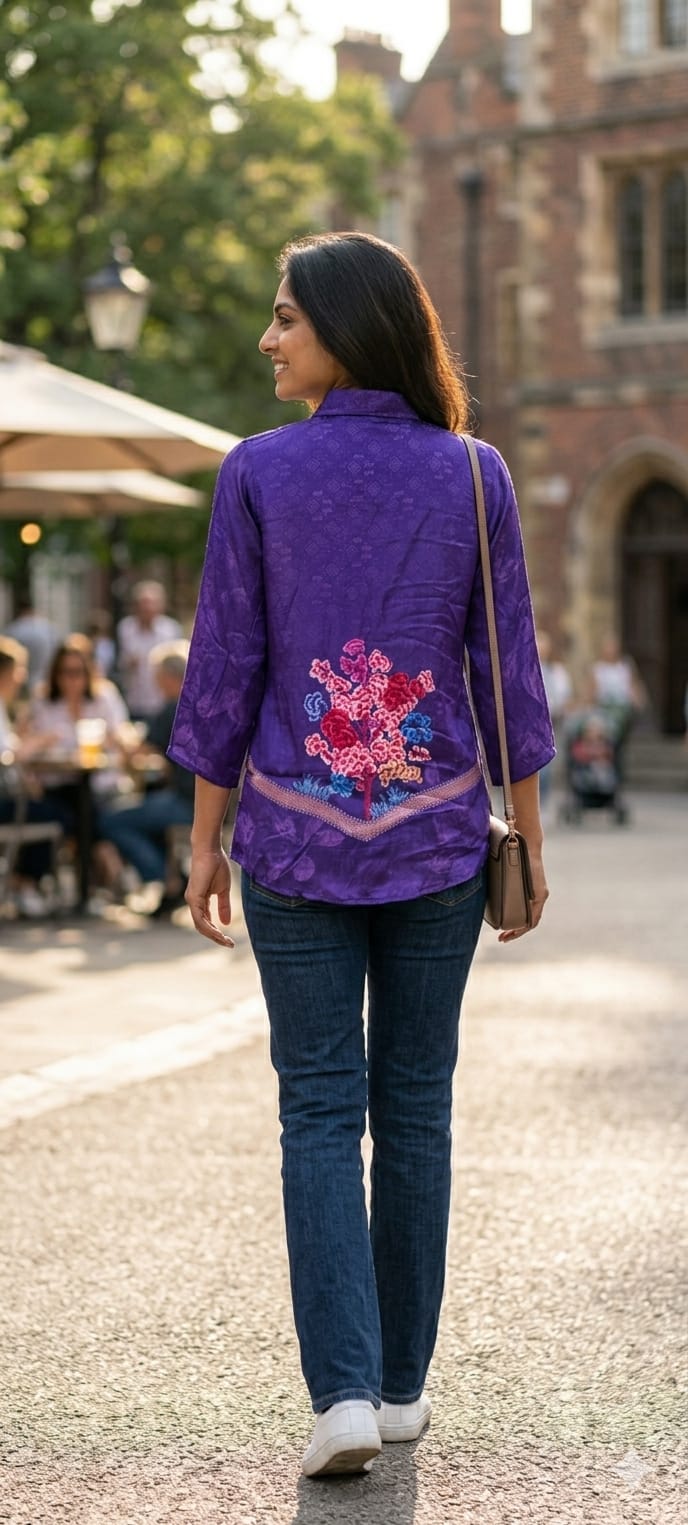 Fine Line-Art Floral Front with Pichwai-Style Backside Tree Print Crepe Shirt- 14858 RB493