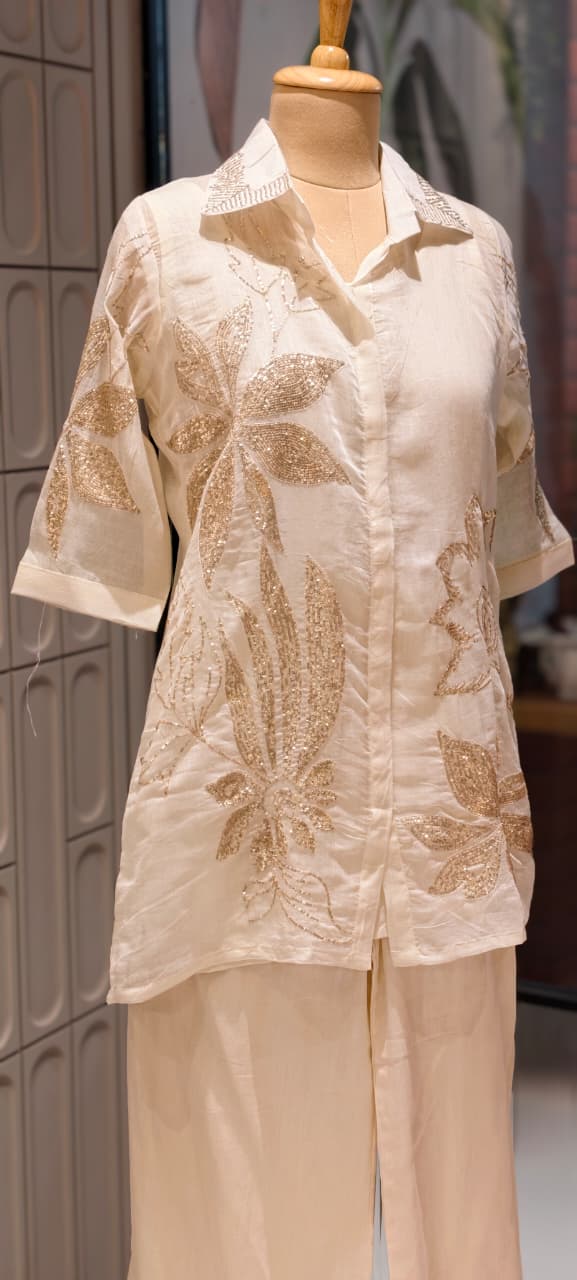 Silver Sequin Embellishment Banarasi Mul Chanderi Ivory Co-Ord Set- 14857 RB496