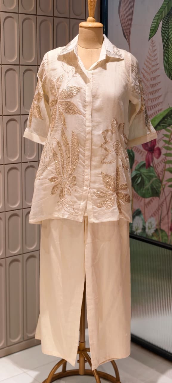 Silver Sequin Embellishment Banarasi Mul Chanderi Ivory Co-Ord Set- 14857 RB496