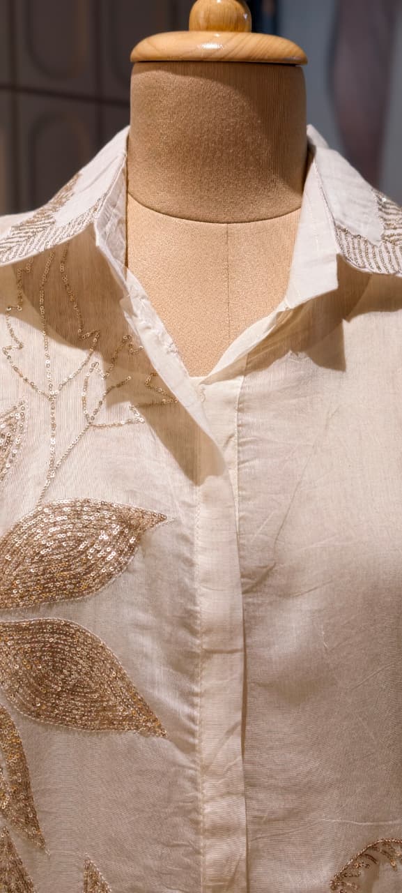 Silver Sequin Embellishment Banarasi Mul Chanderi Ivory Co-Ord Set- 14857 RB496