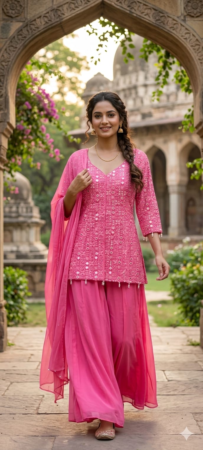 Premium Faux Georgette Royal Noor Chikankari Mirror-Work Slitted Peplum Kurta With Panel Palazzo Bottom & Dupatta Set -14844