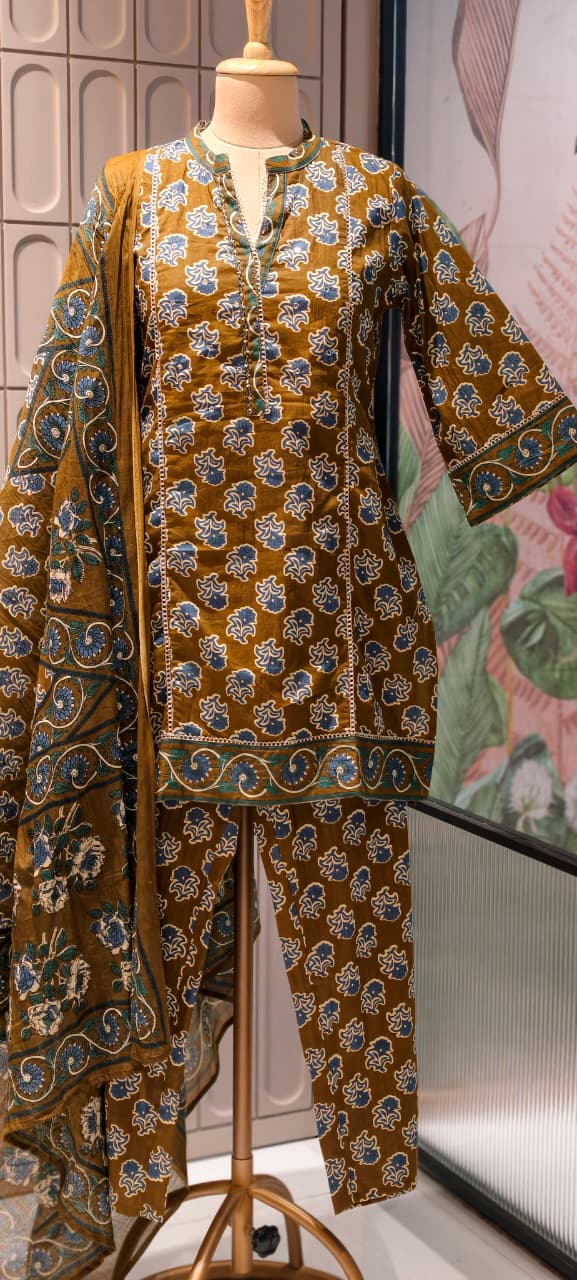 Earthy Floral Block Print Ethnic Cotton Short Length Kurta Full Suit Set With Dupatta- 14861 RB497