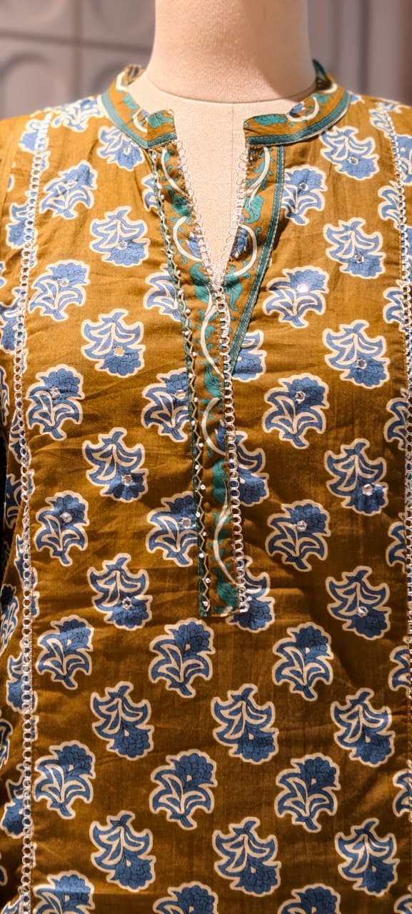 Earthy Floral Block Print Ethnic Cotton Short Length Kurta Full Suit Set With Dupatta- 14861 RB497