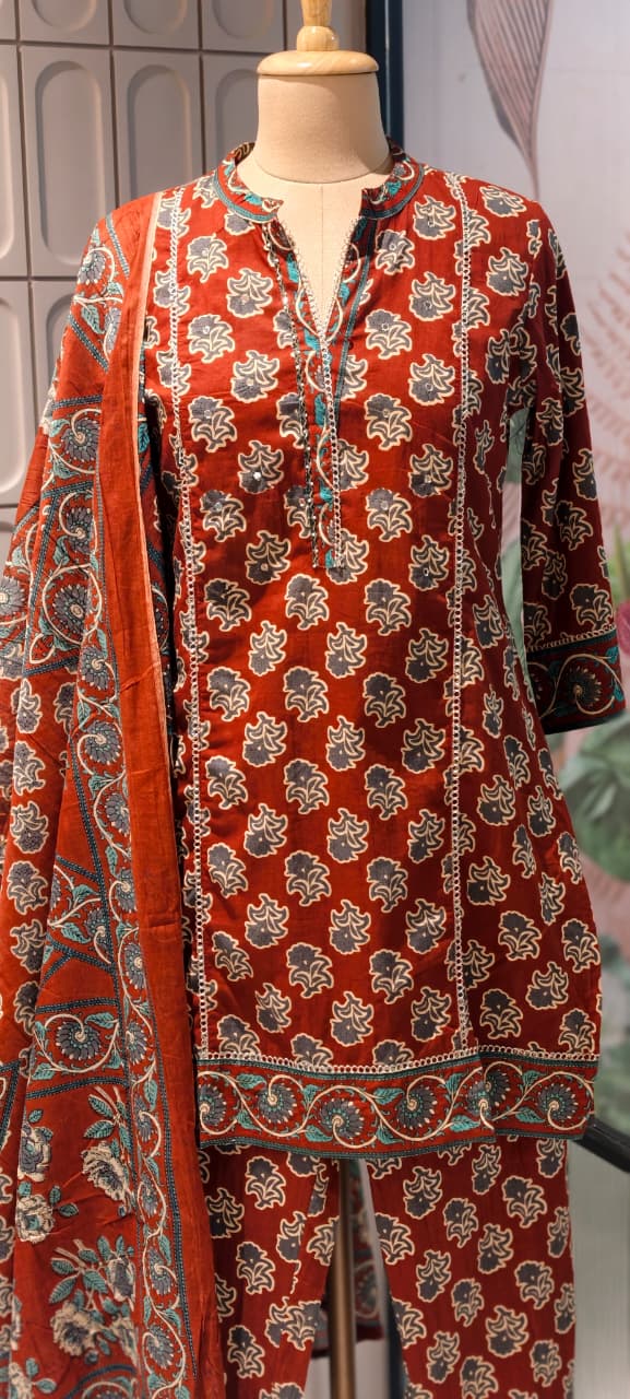 Earthy Floral Block Print Ethnic Cotton Short Length Kurta Full Suit Set With Dupatta- 14861 RB497