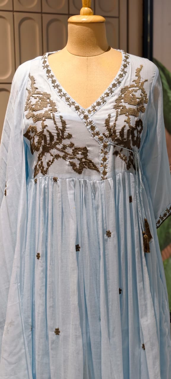Cerulean Cross-Stitch Embroidered Angrakha Tiered Pleated Flared Anarkali Full Suit Set- 14852 RB501