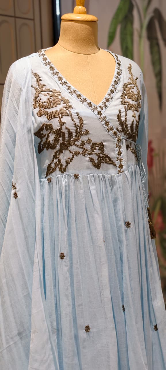 Cerulean Cross-Stitch Embroidered Angrakha Tiered Pleated Flared Anarkali Full Suit Set- 14852 RB501