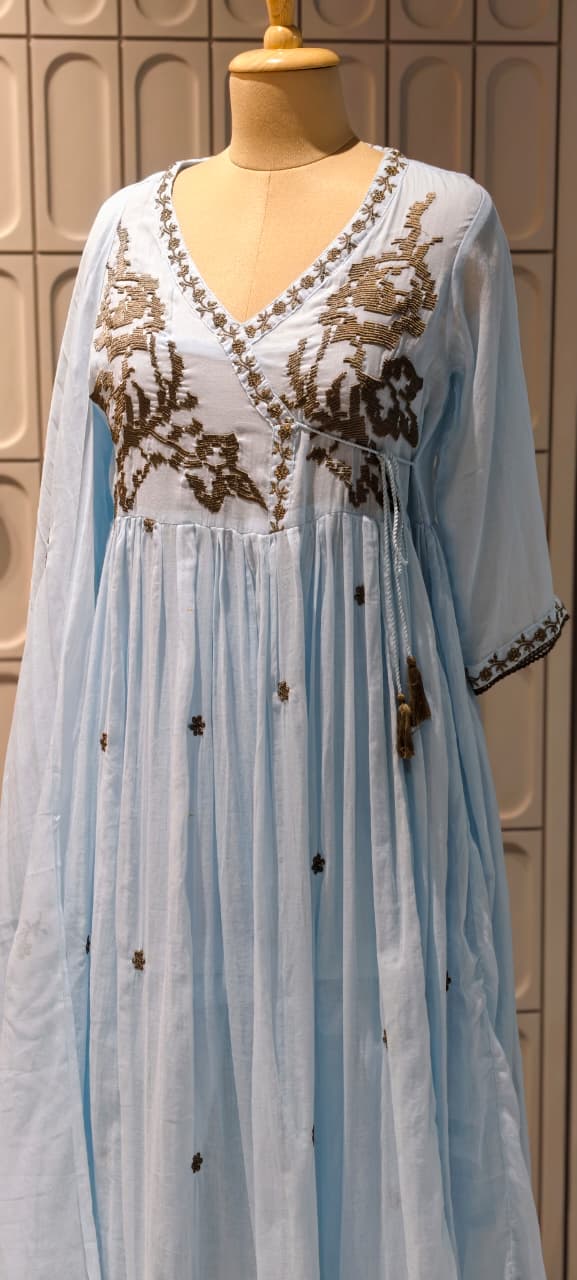Cerulean Cross-Stitch Embroidered Angrakha Tiered Pleated Flared Anarkali Full Suit Set- 14852 RB501