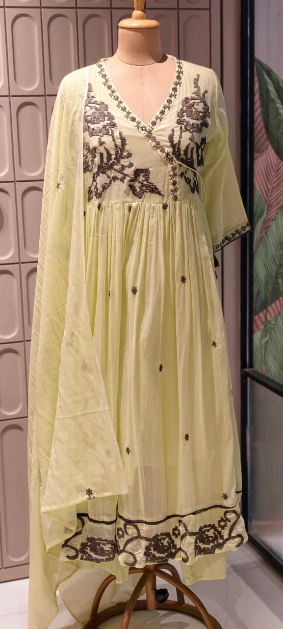 Cerulean Cross-Stitch Embroidered Angrakha Tiered Pleated Flared Anarkali Full Suit Set- 14852 RB501