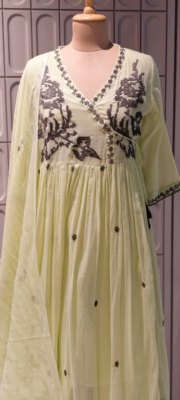 Cerulean Cross-Stitch Embroidered Angrakha Tiered Pleated Flared Anarkali Full Suit Set- 14852 RB501