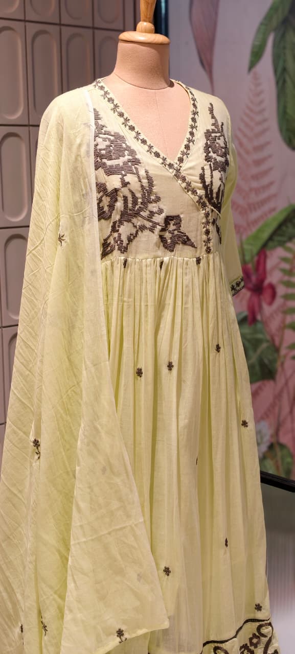 Cerulean Cross-Stitch Embroidered Angrakha Tiered Pleated Flared Anarkali Full Suit Set- 14852 RB501