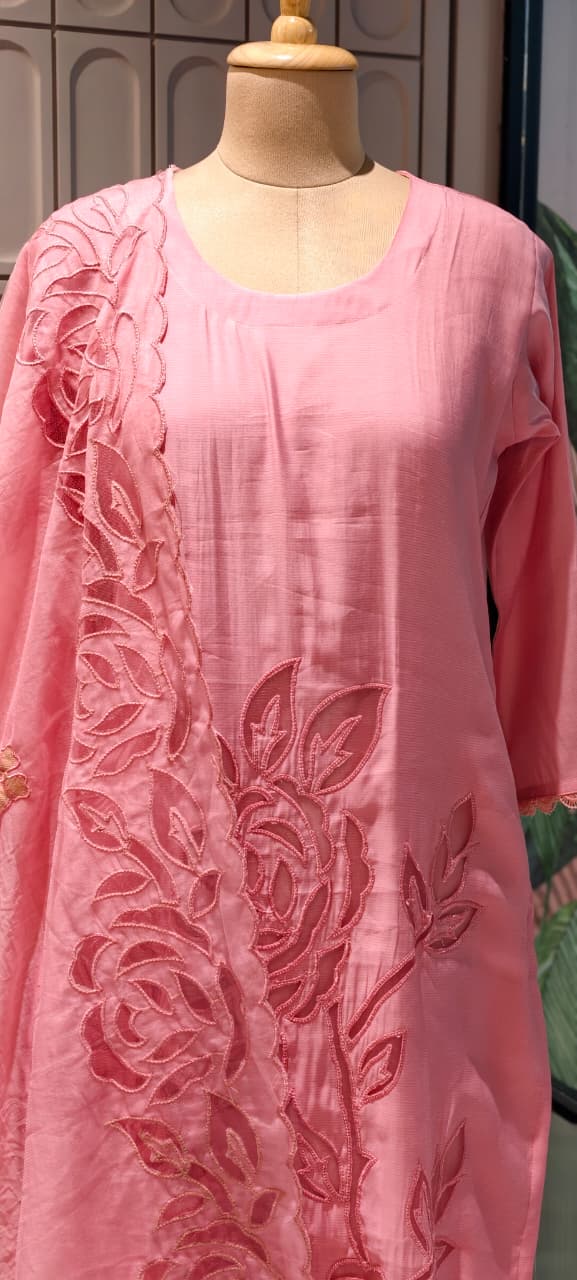 Organza Floral Cut Work Elegant Solid Full Suit Set With Dupatta In Surat Mul Chanderi Fabric- 14700 RB498