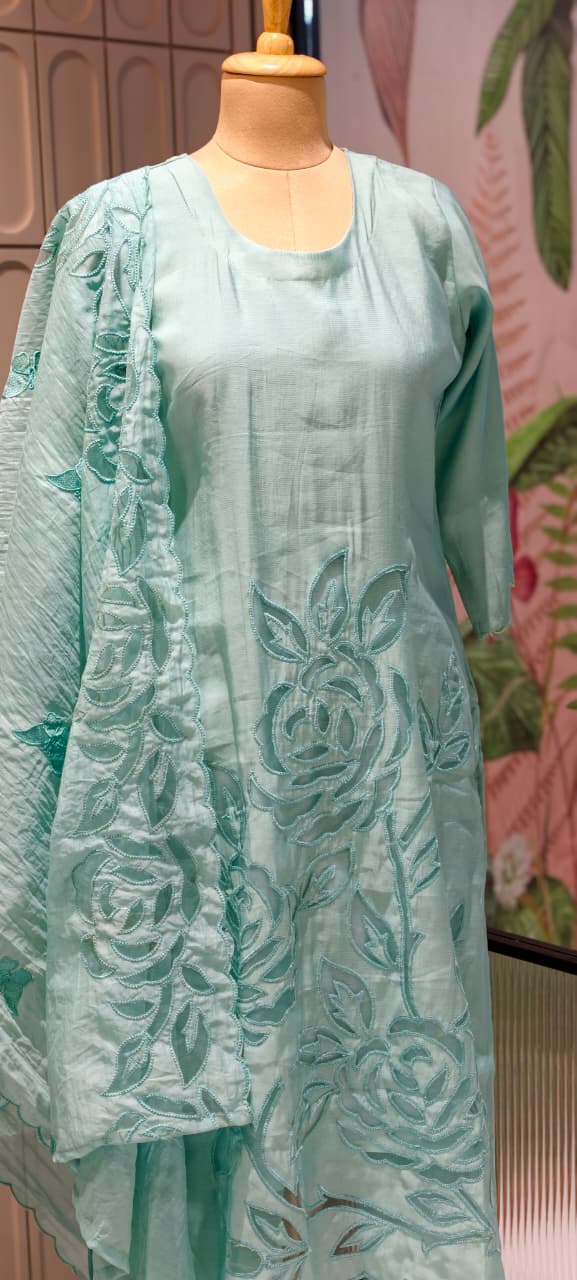 Organza Floral Cut Work Elegant Solid Full Suit Set With Dupatta In Surat Mul Chanderi Fabric- 14700 RB498