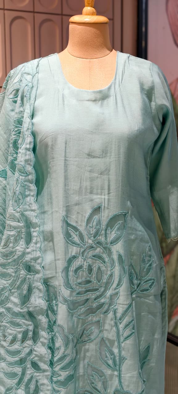 Organza Floral Cut Work Elegant Solid Full Suit Set With Dupatta In Surat Mul Chanderi Fabric- 14700 RB498