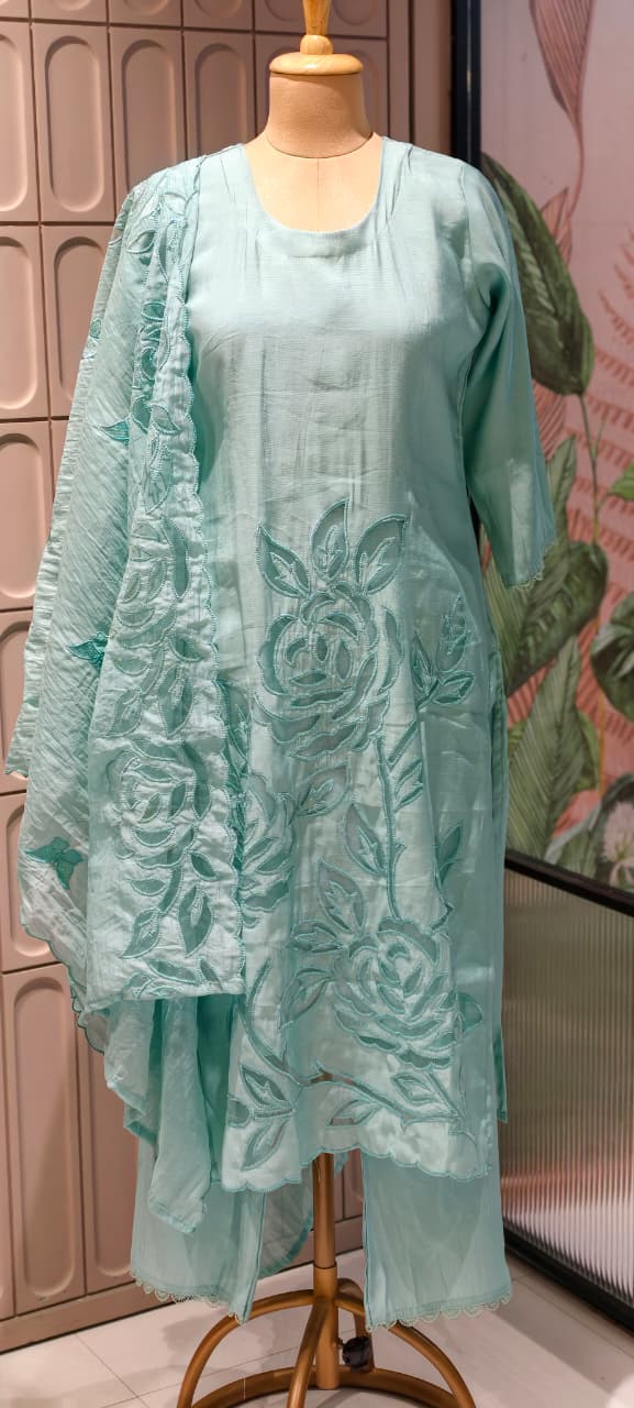 Organza Floral Cut Work Elegant Solid Full Suit Set With Dupatta In Surat Mul Chanderi Fabric- 14700 RB498