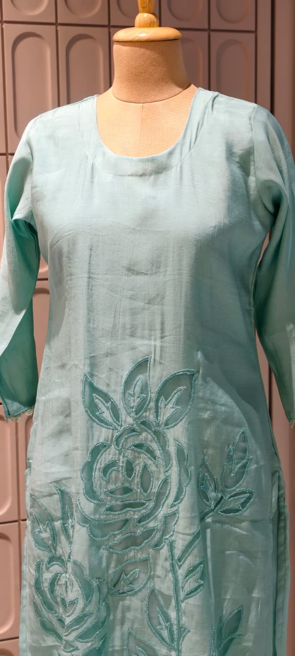 Organza Floral Cut Work Elegant Solid Full Suit Set With Dupatta In Surat Mul Chanderi Fabric- 14700 RB498