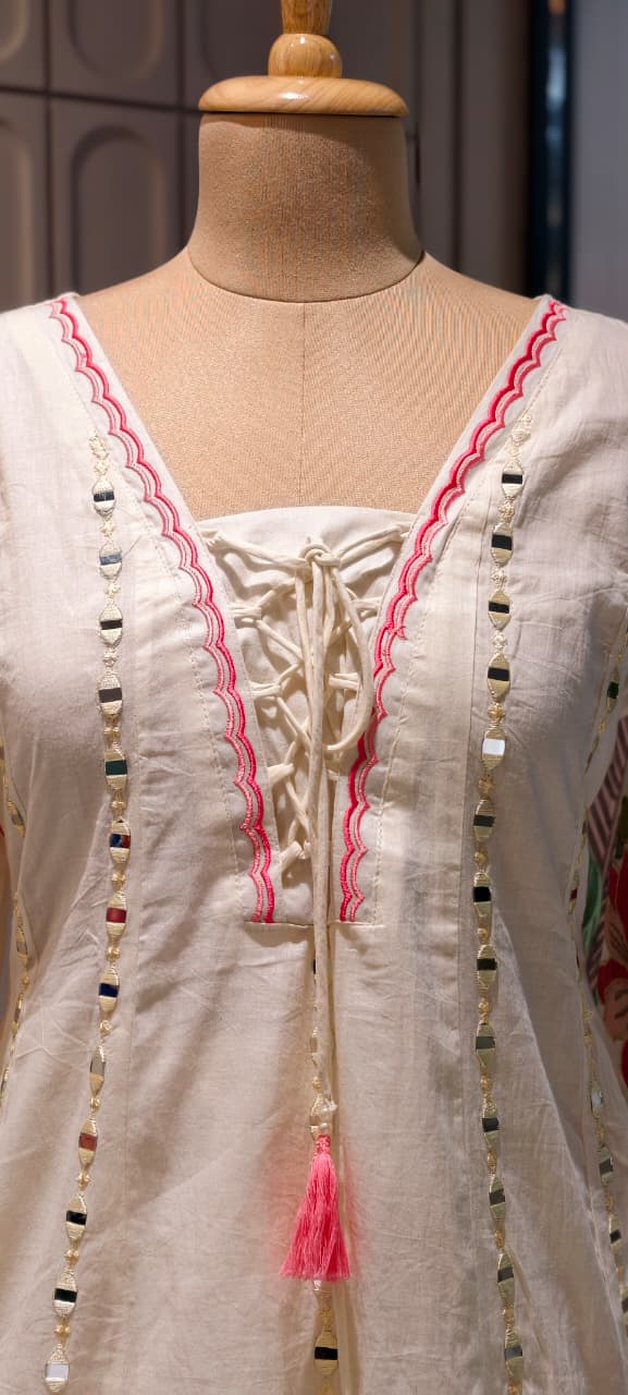Real Mirror Ivory Grace Flared Anarkali Full Suit Set with Lace-Up Neckline and Pink Floral Accents- 14678 RB500
