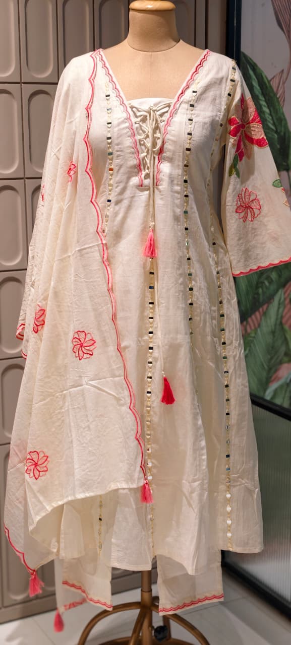Real Mirror Ivory Grace Flared Anarkali Full Suit Set with Lace-Up Neckline and Pink Floral Accents- 14678 RB500