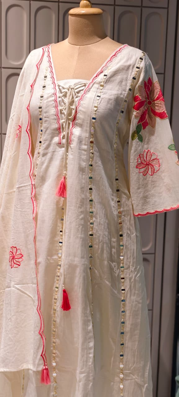 Real Mirror Ivory Grace Flared Anarkali Full Suit Set with Lace-Up Neckline and Pink Floral Accents- 14678 RB500