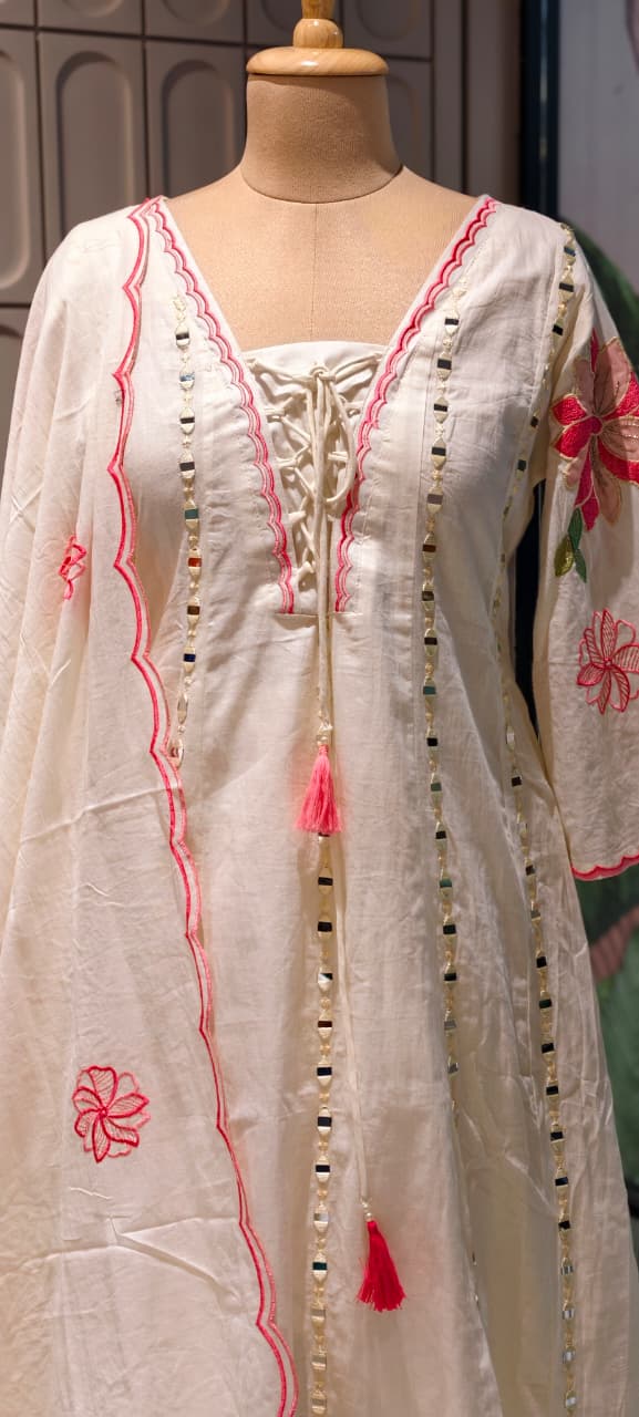 Real Mirror Ivory Grace Flared Anarkali Full Suit Set with Lace-Up Neckline and Pink Floral Accents- 14678 RB500