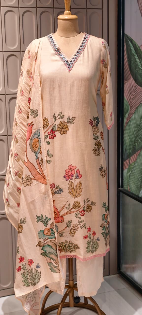 Pastel Peach Floral & Bird Patchwork Linen Full Suit Set with Mirror-Work Neckline- 14568 RB499