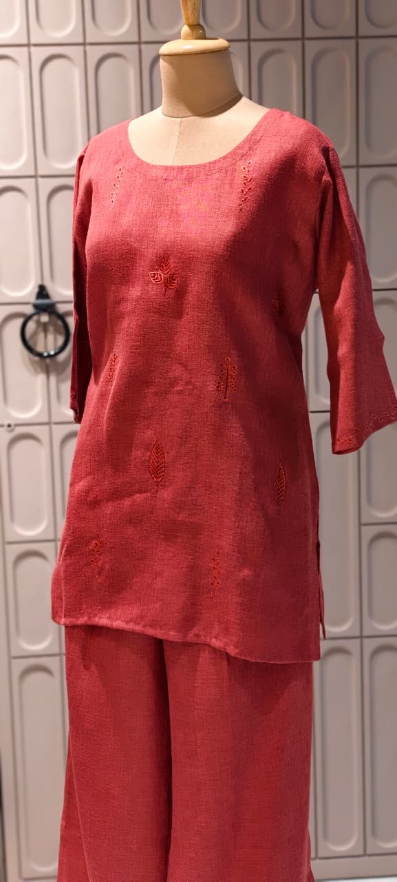 Formal Wear Jute Cotton Solid Co-Ord Sets with Delicate Leaf Embroidery- 14863 RB502