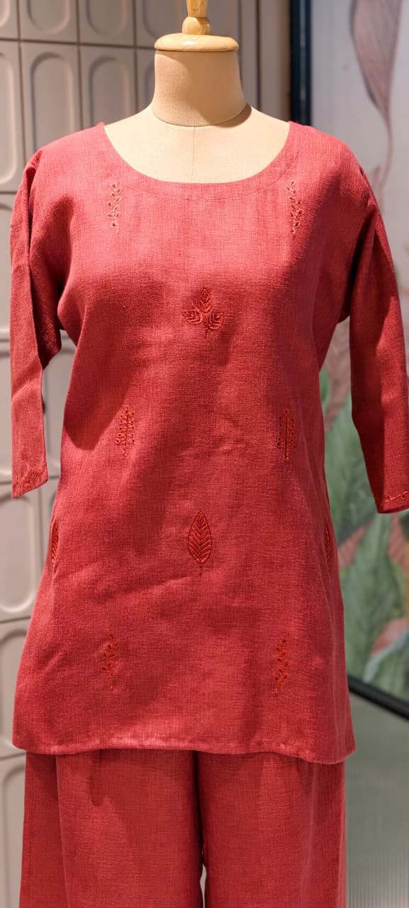 Formal Wear Jute Cotton Solid Co-Ord Sets with Delicate Leaf Embroidery- 14863 RB502