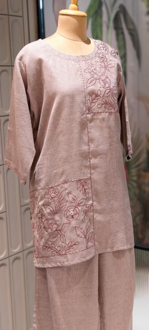 Slub Linen Co-Ord Set with Embroidered Artisanal Patchwork Detailing- 14862 RB504