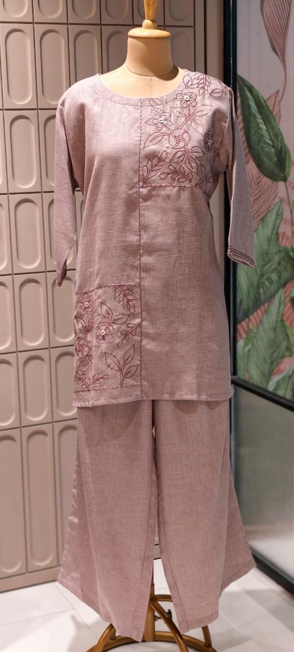 Slub Linen Co-Ord Set with Embroidered Artisanal Patchwork Detailing- 14862 RB504