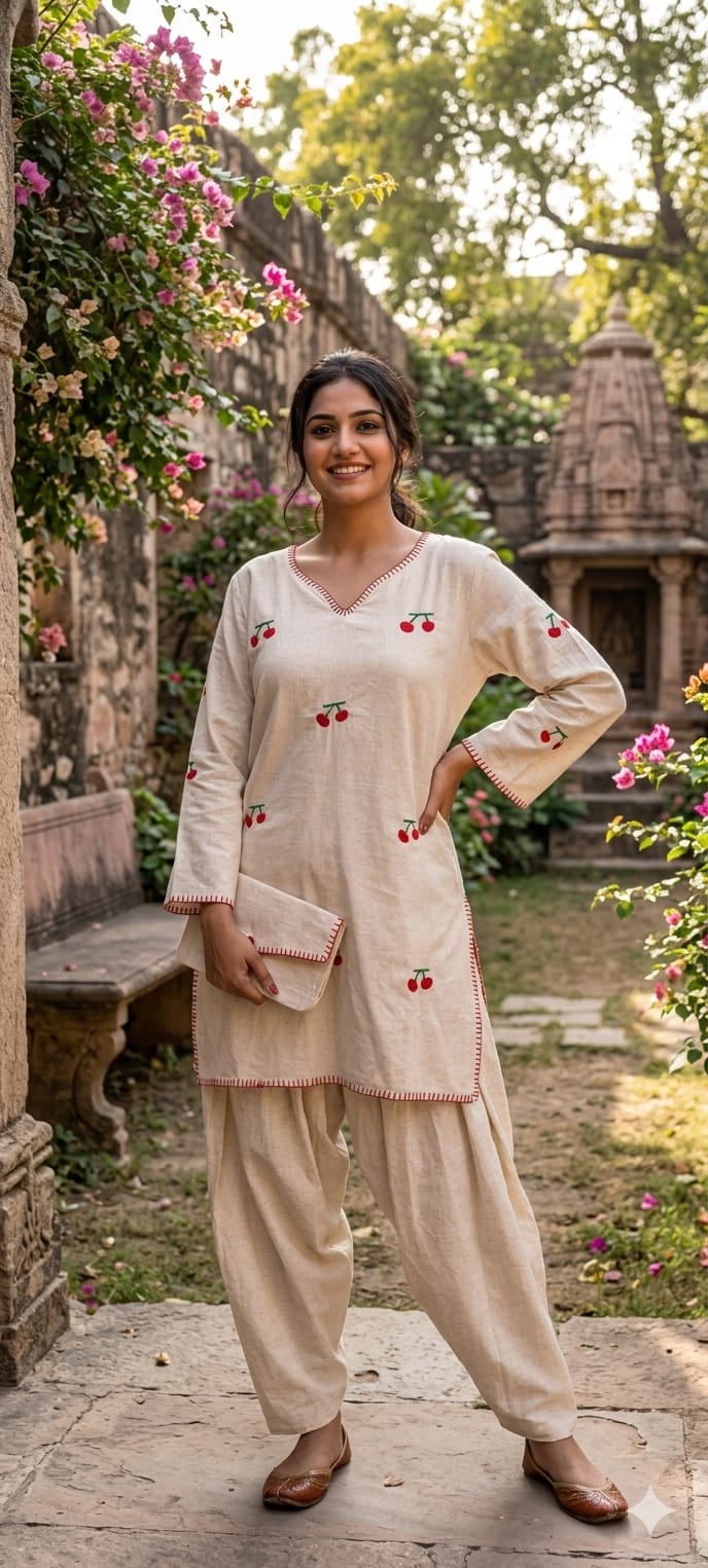 Cute Cherry Embroidered Flex Cotton Co-Ord Set With Farsi Bottom & Pouch- 14850 RB491