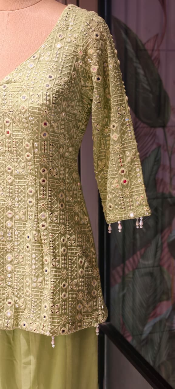 Premium Faux Georgette Royal Noor Chikankari Mirror-Work Slitted Peplum Kurta With Panel Palazzo Bottom & Dupatta Set -14844